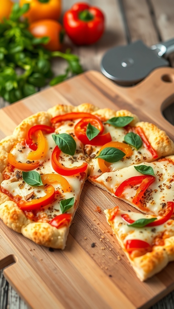 A golden brown cauliflower pizza topped with bell peppers and cheese, garnished with basil on a wooden board.